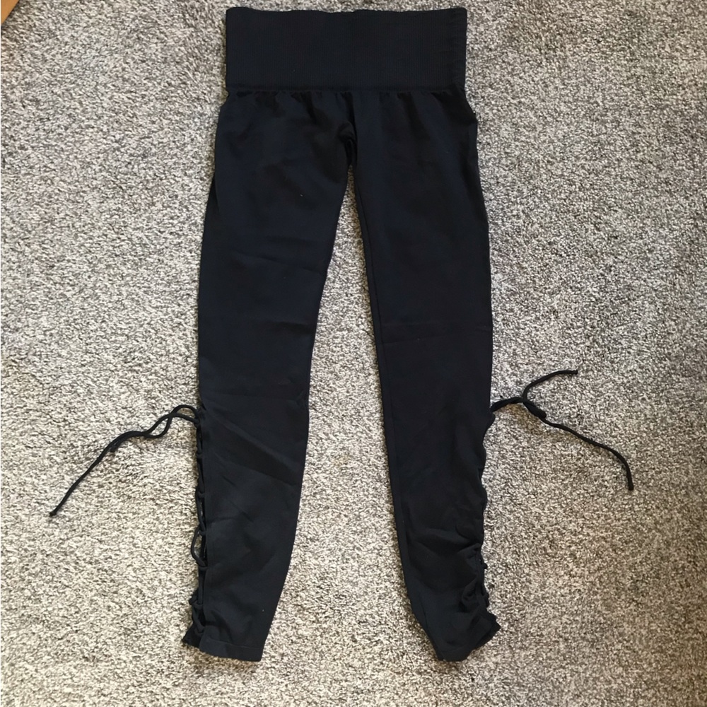 FP Movement Black Cropped Leggings with Lace-Up Detail at Calf